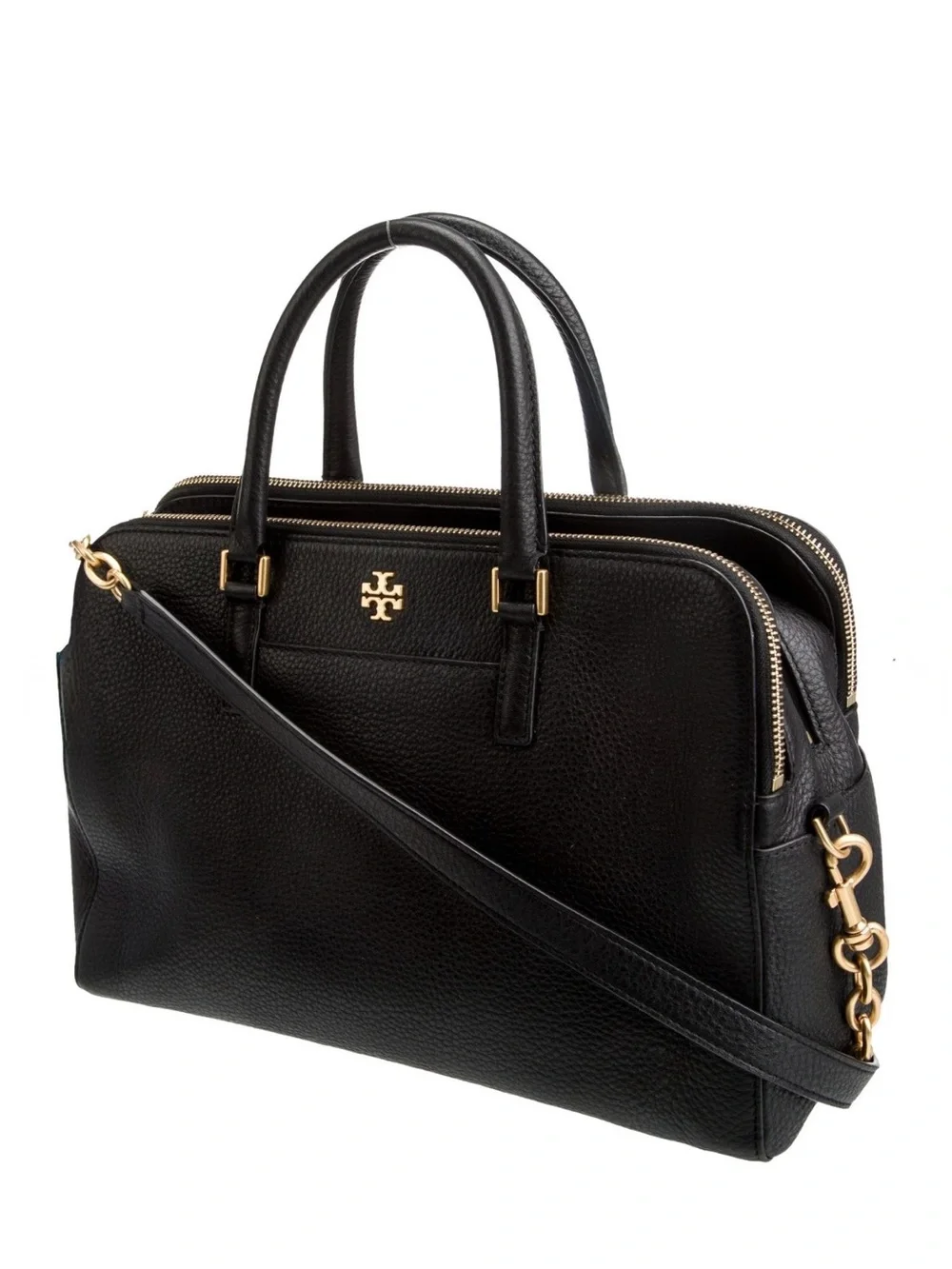TORY BURCH Georgia Double Zip Pebbled Leather Satchel Black Gold 8